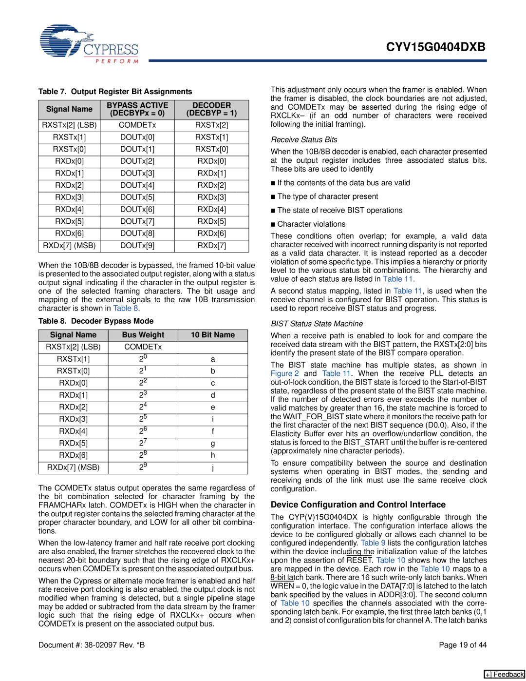 Cypress CYV15G0404DXB manual Device Configuration and Control Interface, Output Register Bit Assignments Signal Name 