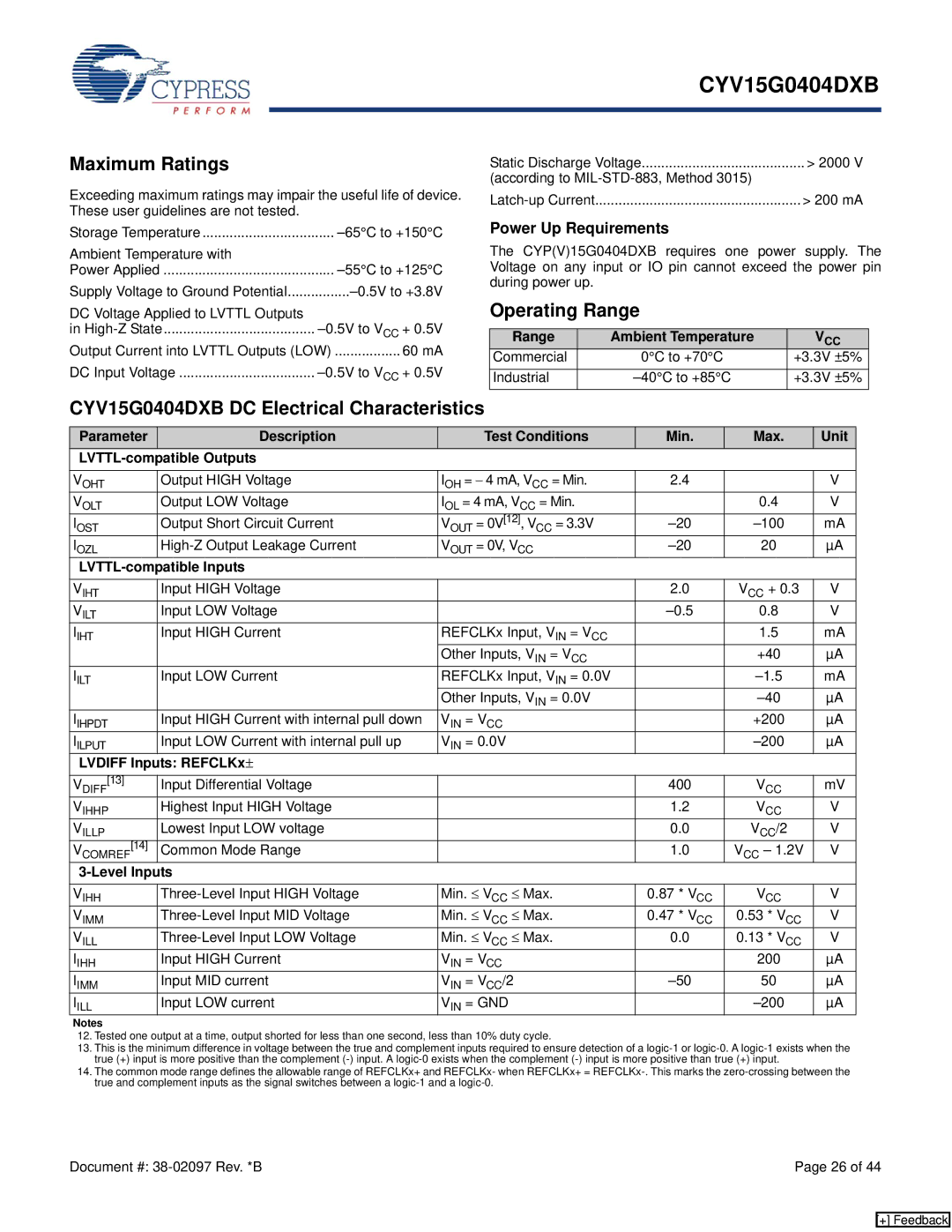 Cypress manual Maximum Ratings, CYV15G0404DXB DC Electrical Characteristics, Operating Range, Power Up Requirements 