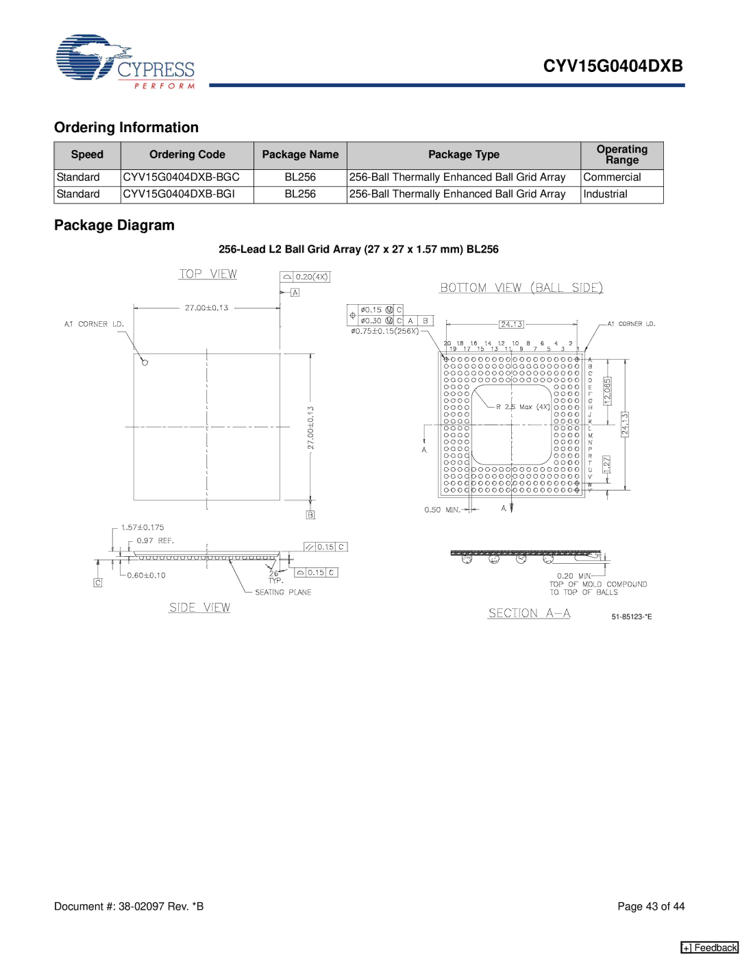 Cypress manual Ordering Information, Package Diagram, CYV15G0404DXB-BGC, CYV15G0404DXB-BGI 