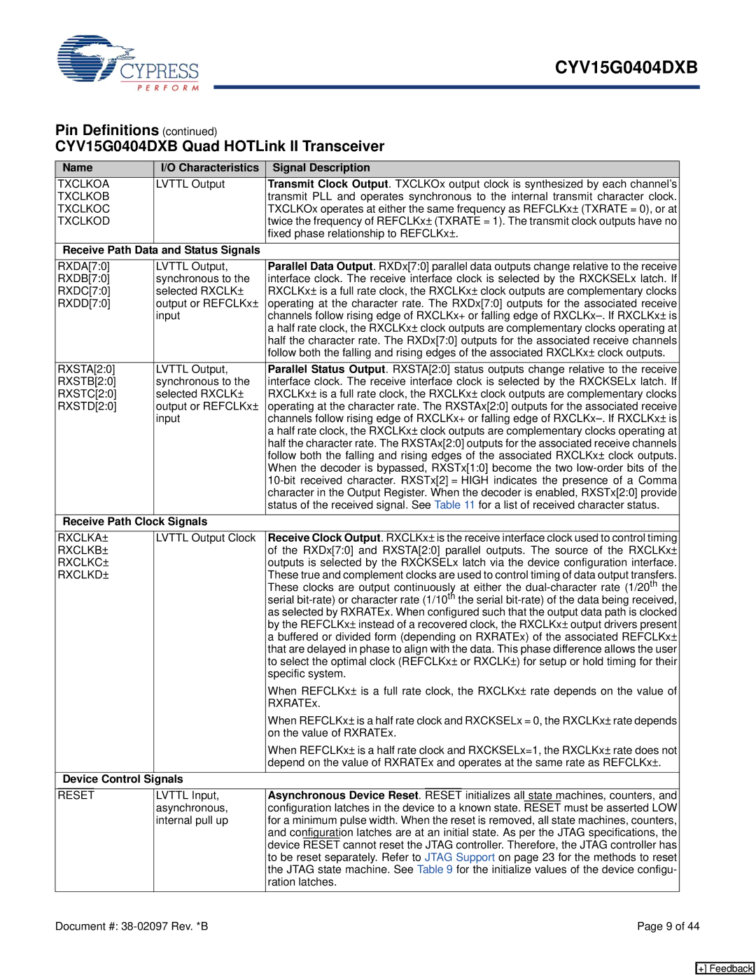 Cypress CYV15G0404DXB manual Name Characteristics Signal Description, Status Signals, Receive Path Clock Signals 