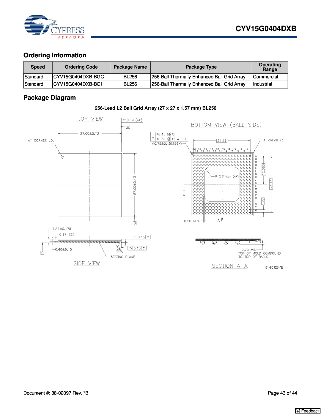 Cypress CYV15G0404DXB manual Ordering Information, Package Diagram, + Feedback, 51-85123-*E 