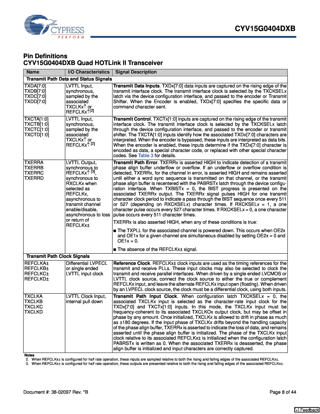 Cypress manual Pin Definitions CYV15G0404DXB Quad HOTLink II Transceiver, Name, I/O Characteristics, Signal Description 
