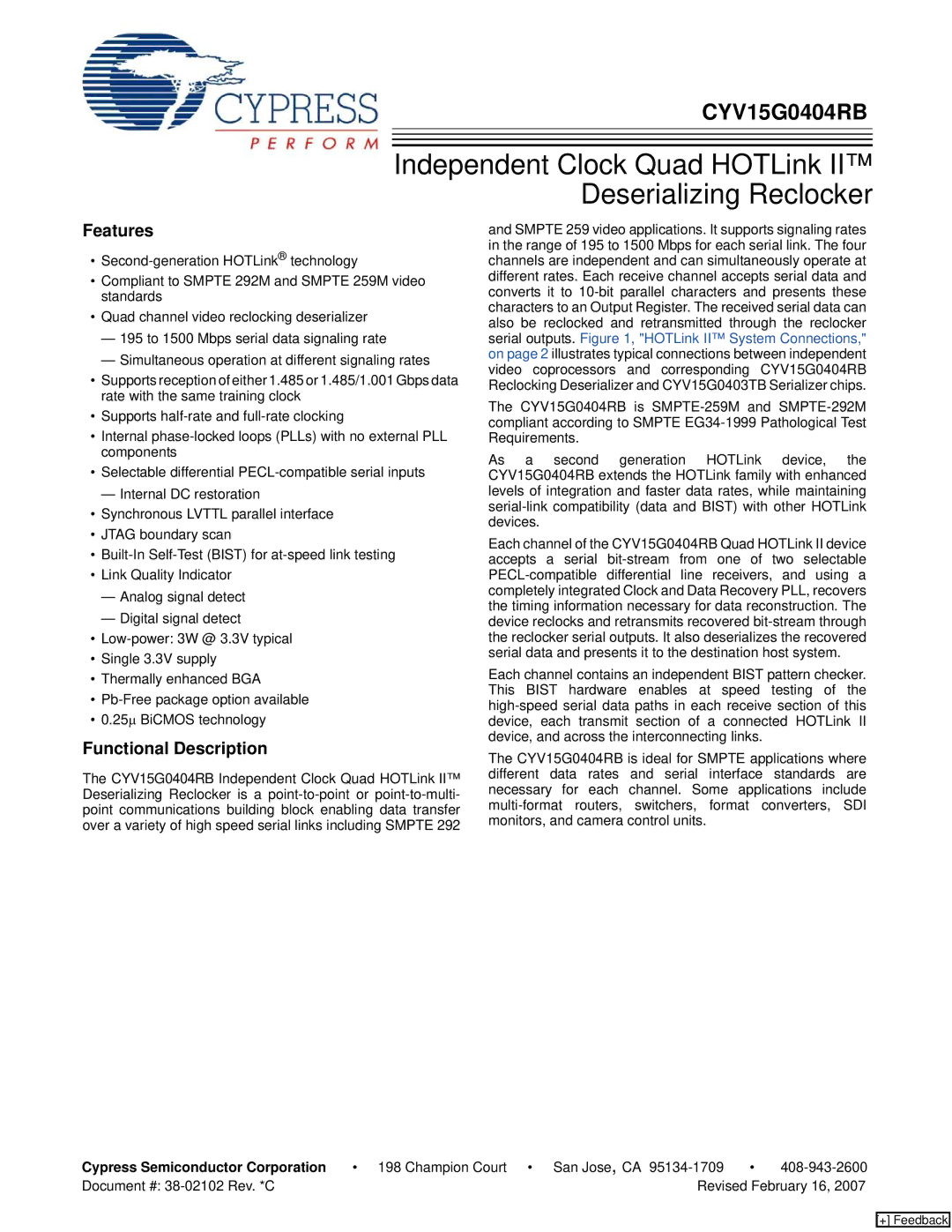 Cypress CYV15G0404RB manual Features, Functional Description, Cypress Semiconductor Corporation 