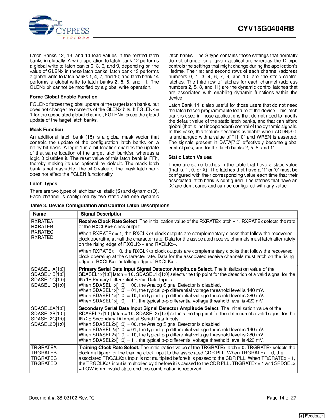 Cypress CYV15G0404RB manual Force Global Enable Function, Mask Function, Latch Types, Static Latch Values 