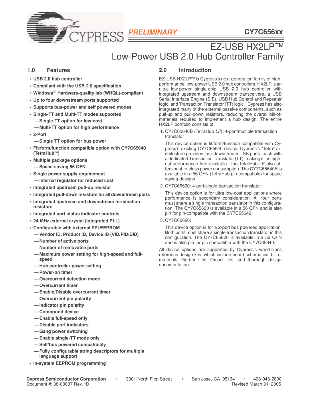 Cypress CY7C656xx, EZ-USB HX2LP manual Features, Introduction, Cypress Semiconductor Corporation 