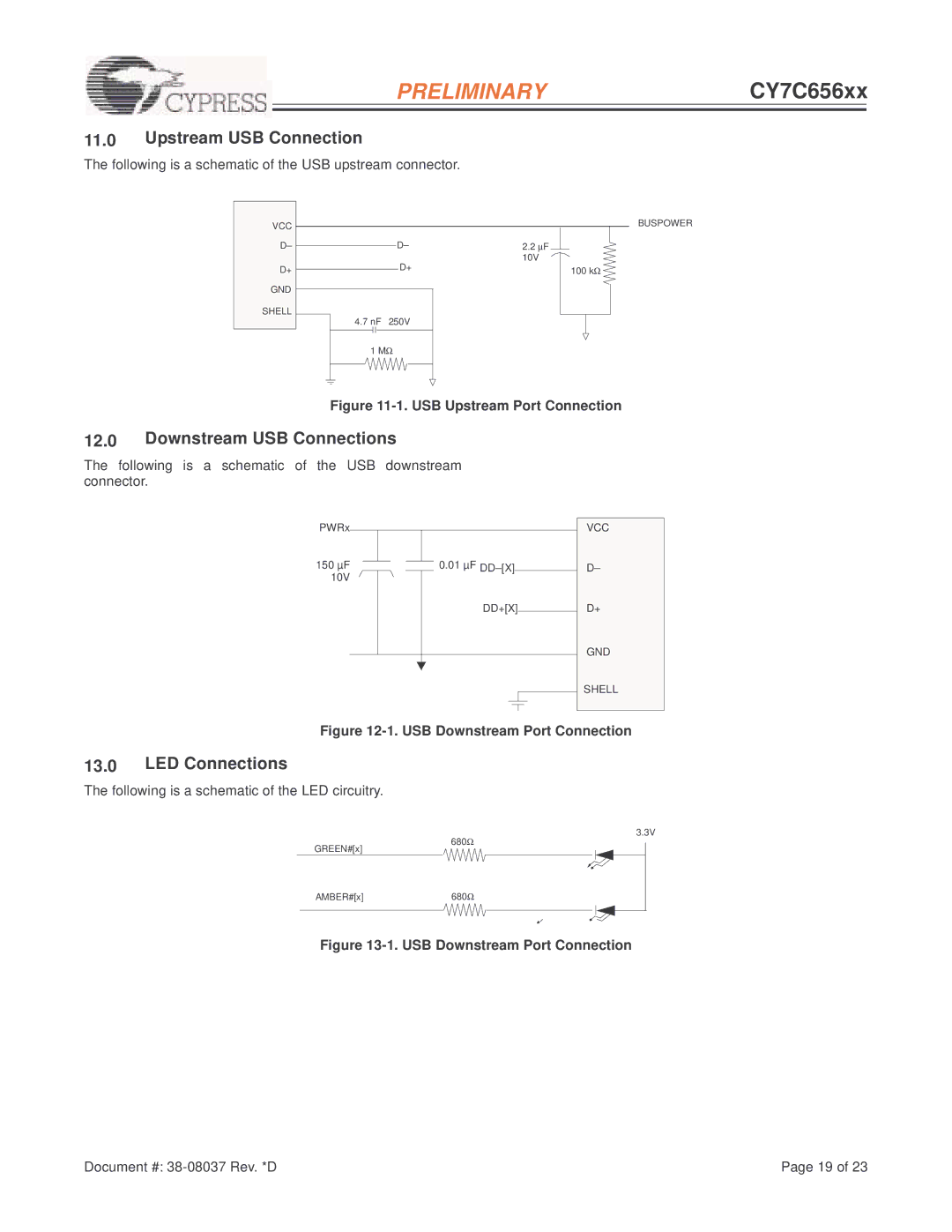 Cypress CY7C656xx, EZ-USB HX2LP manual Upstream USB Connection, Downstream USB Connections, LED Connections 