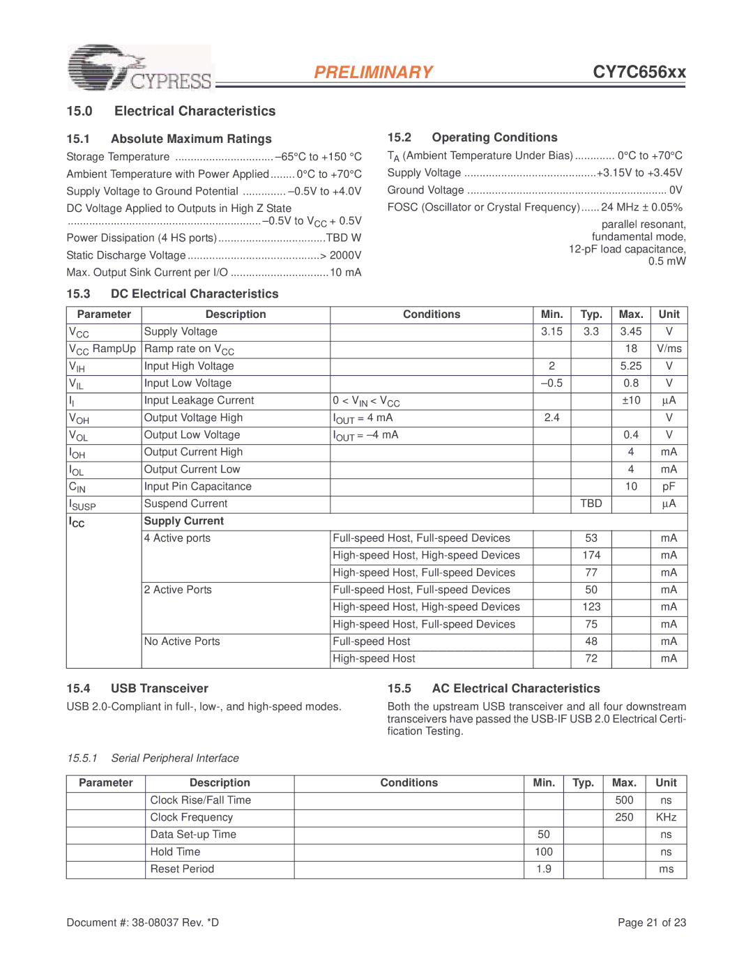 Cypress CY7C656xx, EZ-USB HX2LP manual Electrical Characteristics 