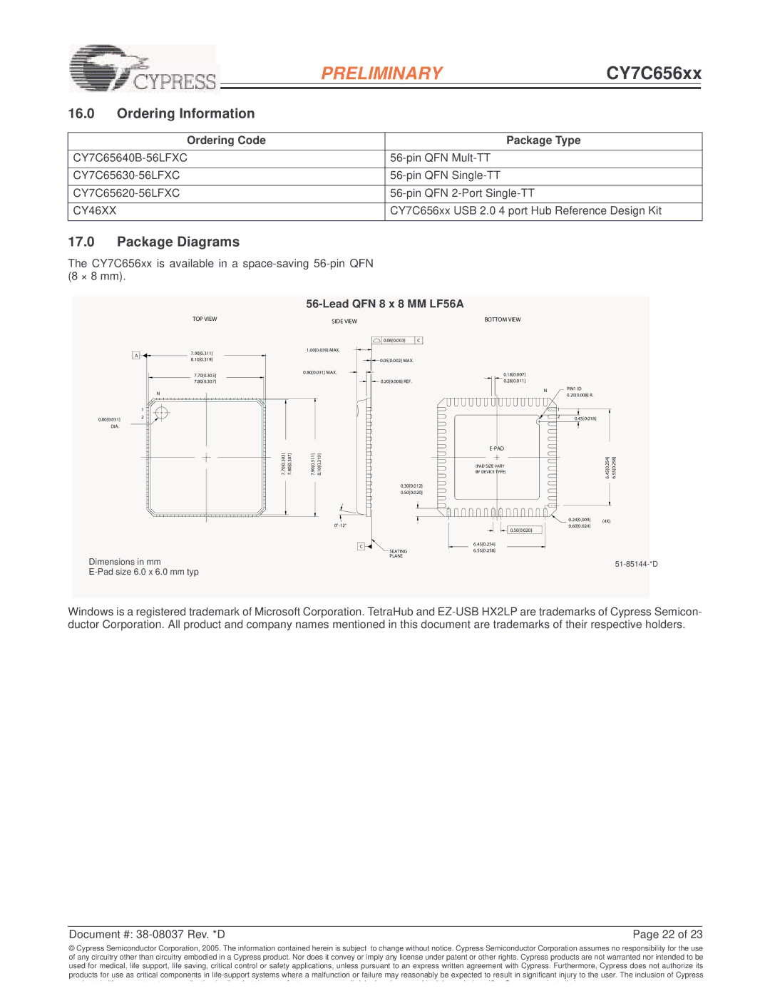 Cypress EZ-USB HX2LP Ordering Information, Package Diagrams, Ordering Code Package Type, CY46XX, Lead QFN 8 x 8 MM LF56A 