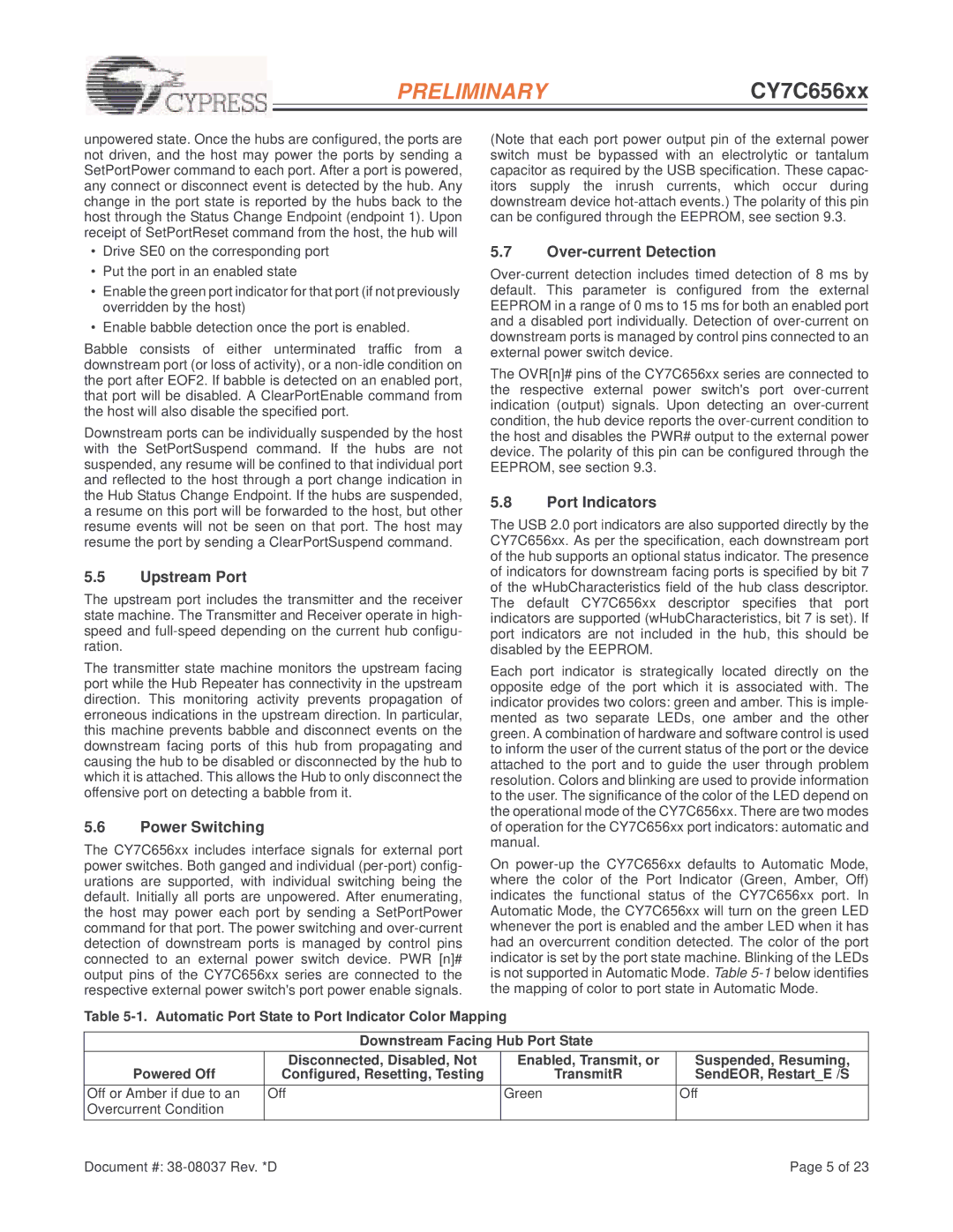Cypress CY7C656xx manual Upstream Port, Power Switching, Over-current Detection, Port Indicators, SendEOR, RestartE /S 