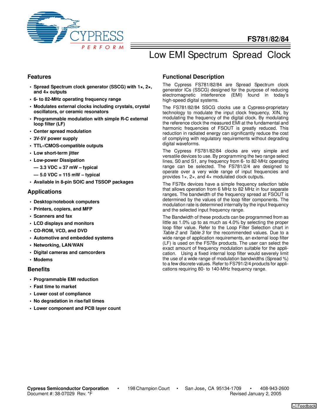 Cypress FS781, FS784 manual Features, Applications, Benefits, Functional Description, Cypress Semiconductor Corporation 