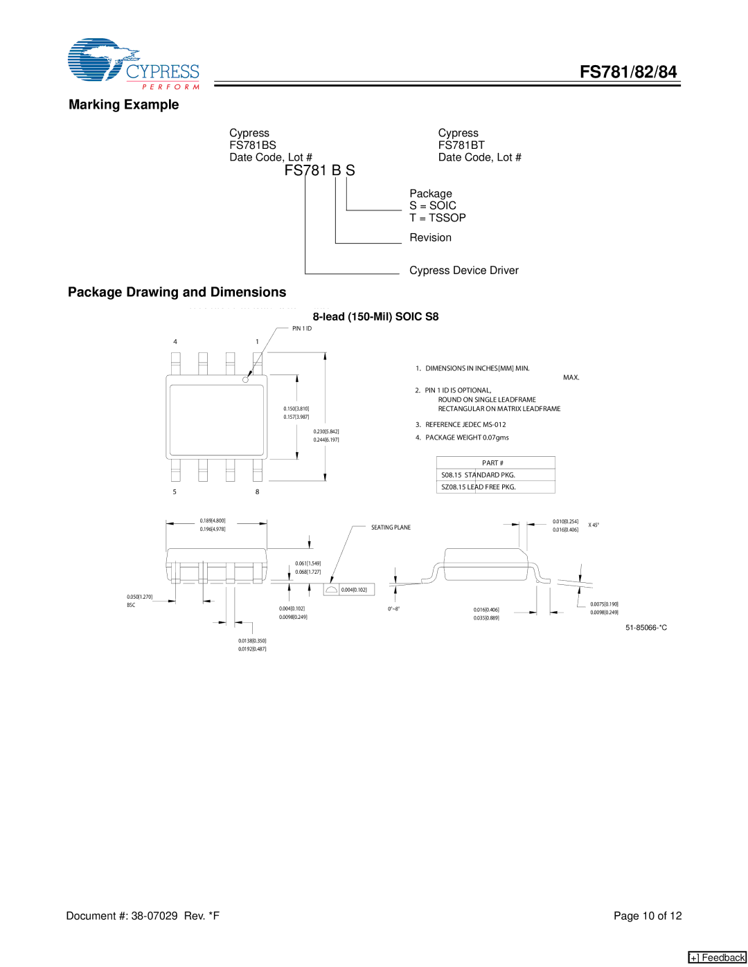 Cypress FS781, FS784, FS782 manual Marking Example, Package Drawing and Dimensions, Lead 150-Mil Soic S8 