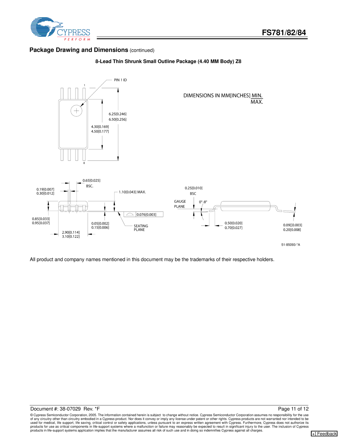 Cypress FS782, FS784, FS781 manual Dimensions in Mminches MIN MAX, Lead Thin Shrunk Small Outline Package 4.40 MM Body Z8 