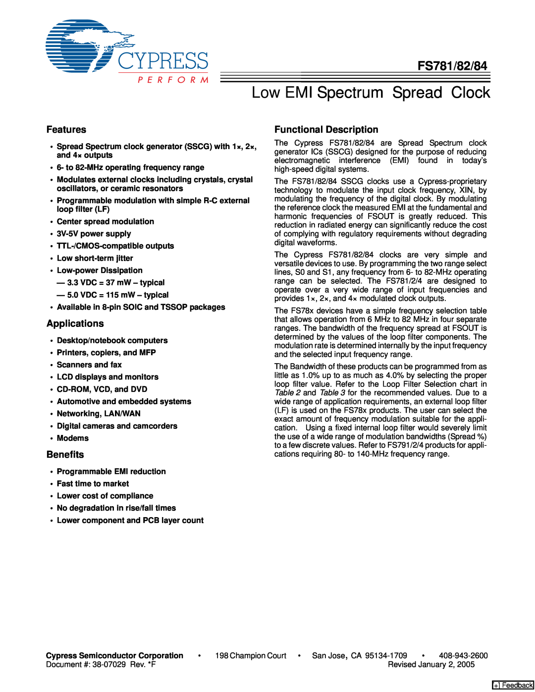 Cypress manual FS781/82/84, Features, Applications, Benefits, Functional Description, Low EMI Spectrum Spread Clock 
