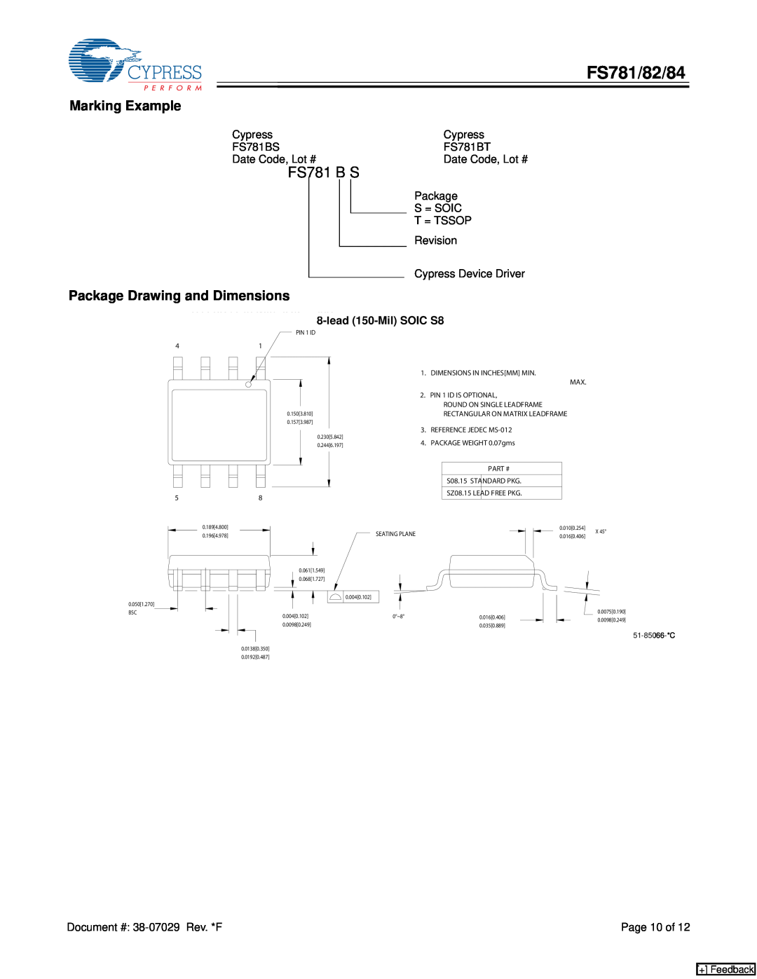 Cypress FS784, FS782 manual Marking Example, Package Drawing and Dimensions, FS781/82/84, FS781 B S 