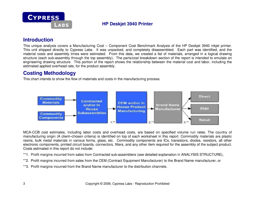 Cypress HP Deskjet 3940 manual Introduction, Costing Methodology 