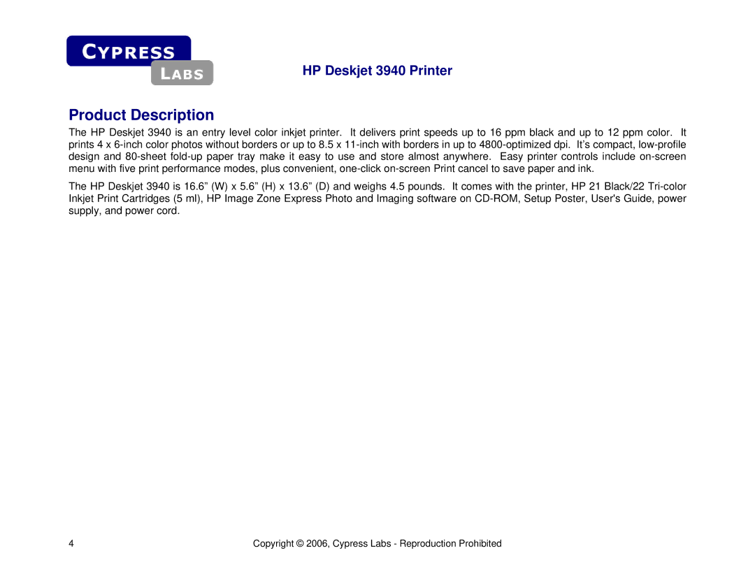 Cypress HP Deskjet 3940 manual Product Description 