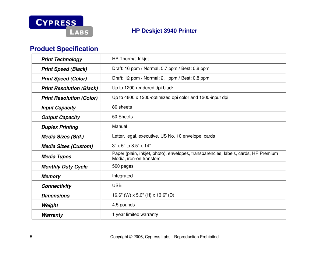 Cypress HP Deskjet 3940 manual Product Specification, Usb 