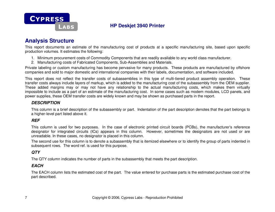 Cypress HP Deskjet 3940 manual Analysis Structure, Description 