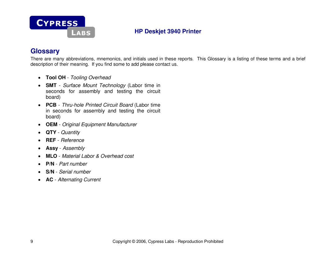 Cypress HP Deskjet 3940 manual Glossary, Tool OH Tooling Overhead 