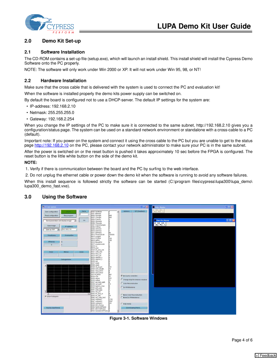 Cypress LUPA manual Demo Kit Set-up, Using the Software, Software Installation, Hardware Installation 