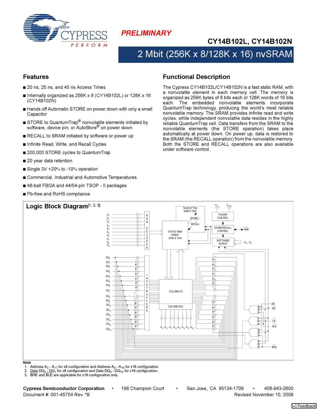 Cypress CY14B102L manual Features, Functional Description, Logic Block Diagram1, 2, Cypress Semiconductor Corporation 