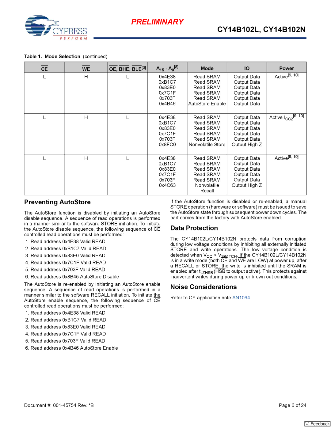 Cypress nvSRAM, CY14B102L manual Preventing AutoStore, Data Protection, Noise Considerations, Mode Selection A15 A08 Power 