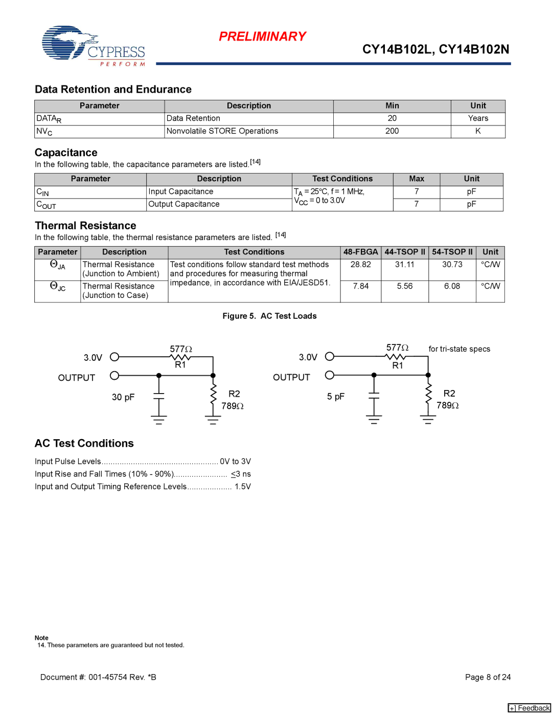 Cypress nvSRAM, CY14B102L manual Data Retention and Endurance, Capacitance, Thermal Resistance, AC Test Conditions 