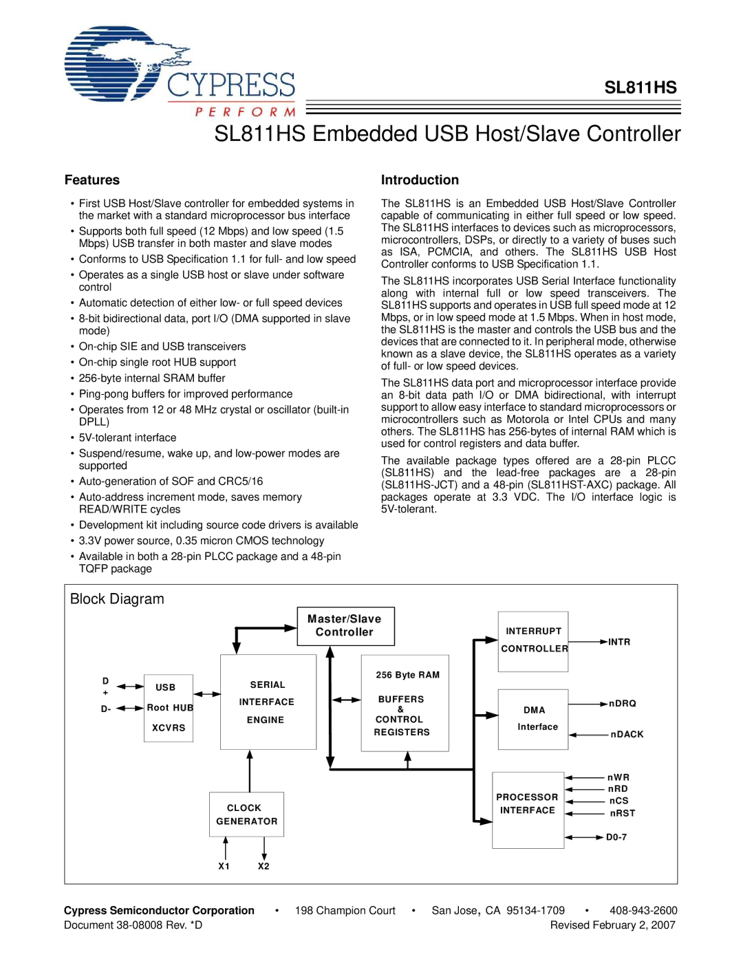 Cypress SL811HS manual Features, Introduction, Master/Slave Controller, Cypress Semiconductor Corporation 