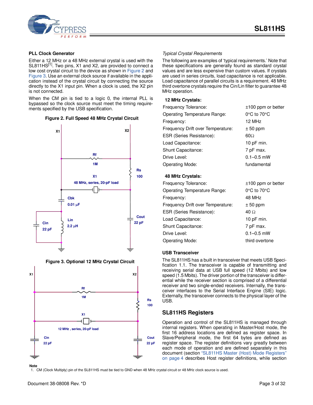 Cypress manual SL811HS Registers, MHz Crystals, Frequency Tolerance, USB Transceiver 