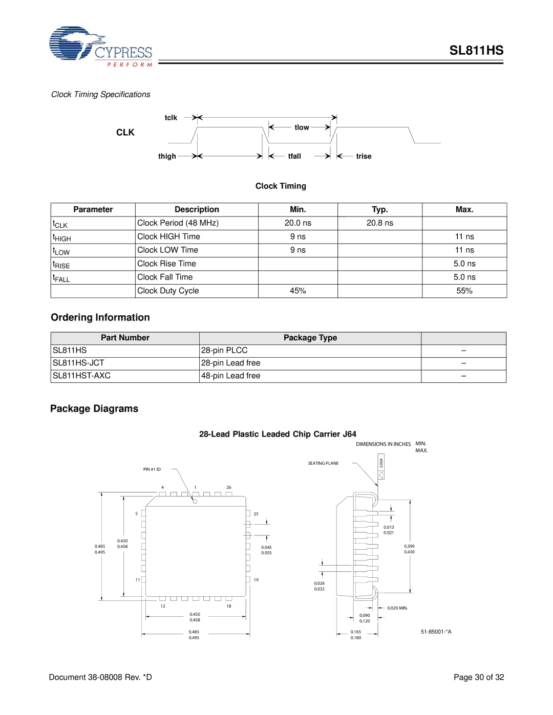 Cypress SL811HS manual Ordering Information, Package Diagrams, CLOCKClock TimingTIMING Parameter Description Min Typ Max 