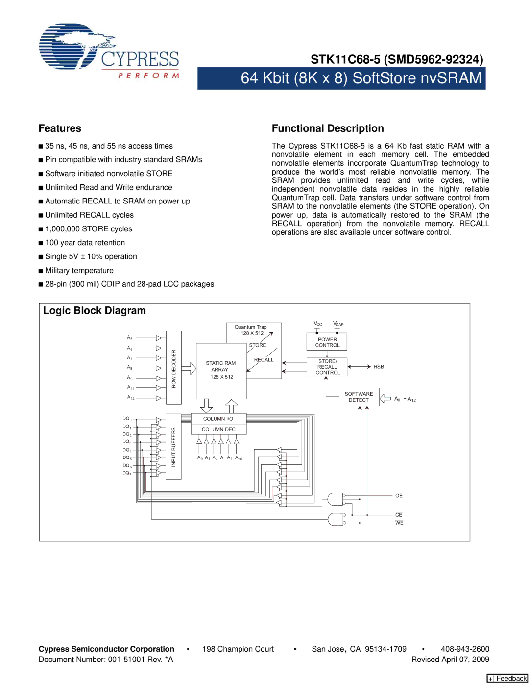 Cypress STK11C68-5 manual Features, Functional Description, Logic Block Diagram 