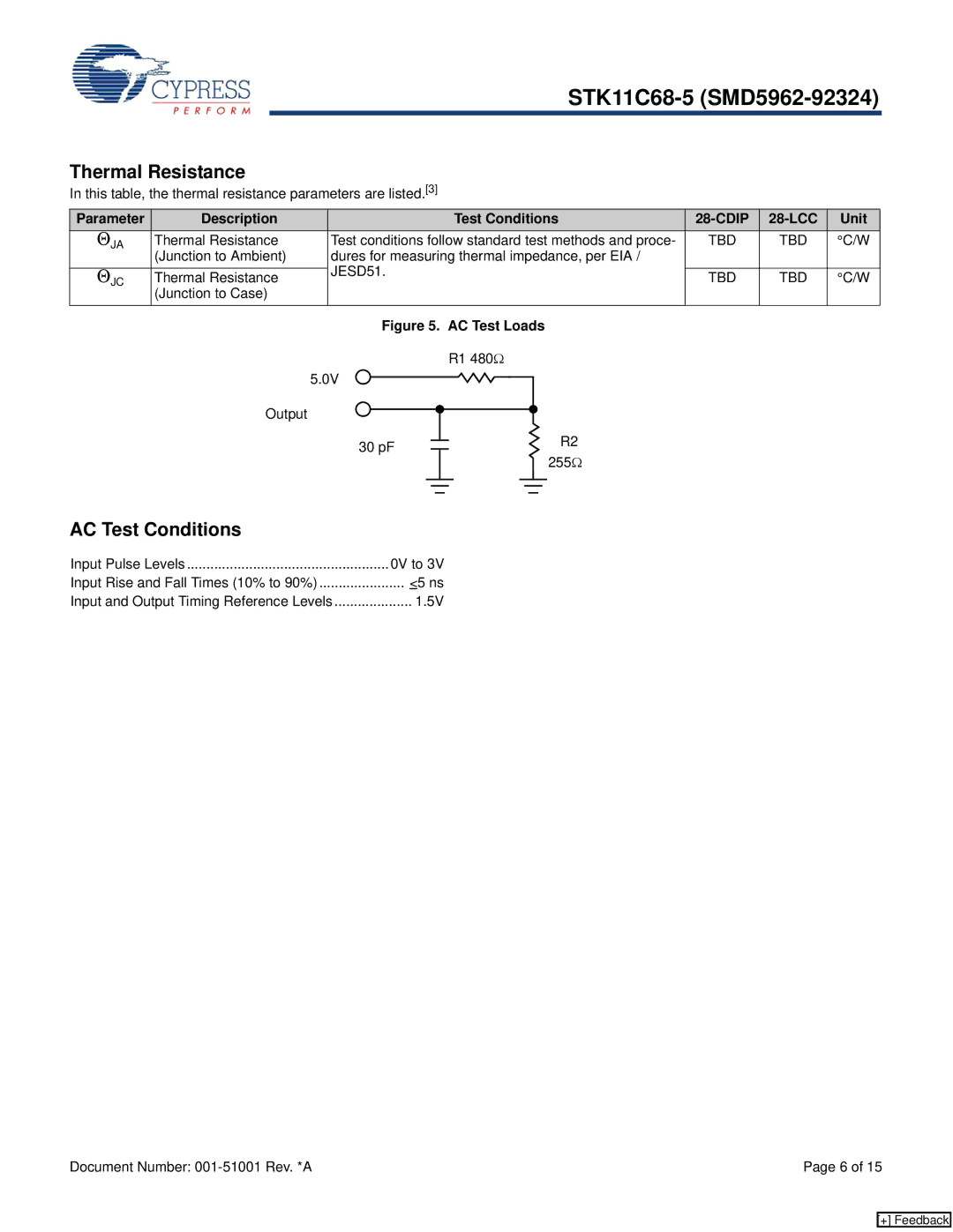 Cypress STK11C68-5 manual Thermal Resistance, AC Test Conditions, Parameter Description Test Conditions Cdip 28-LCC Unit 