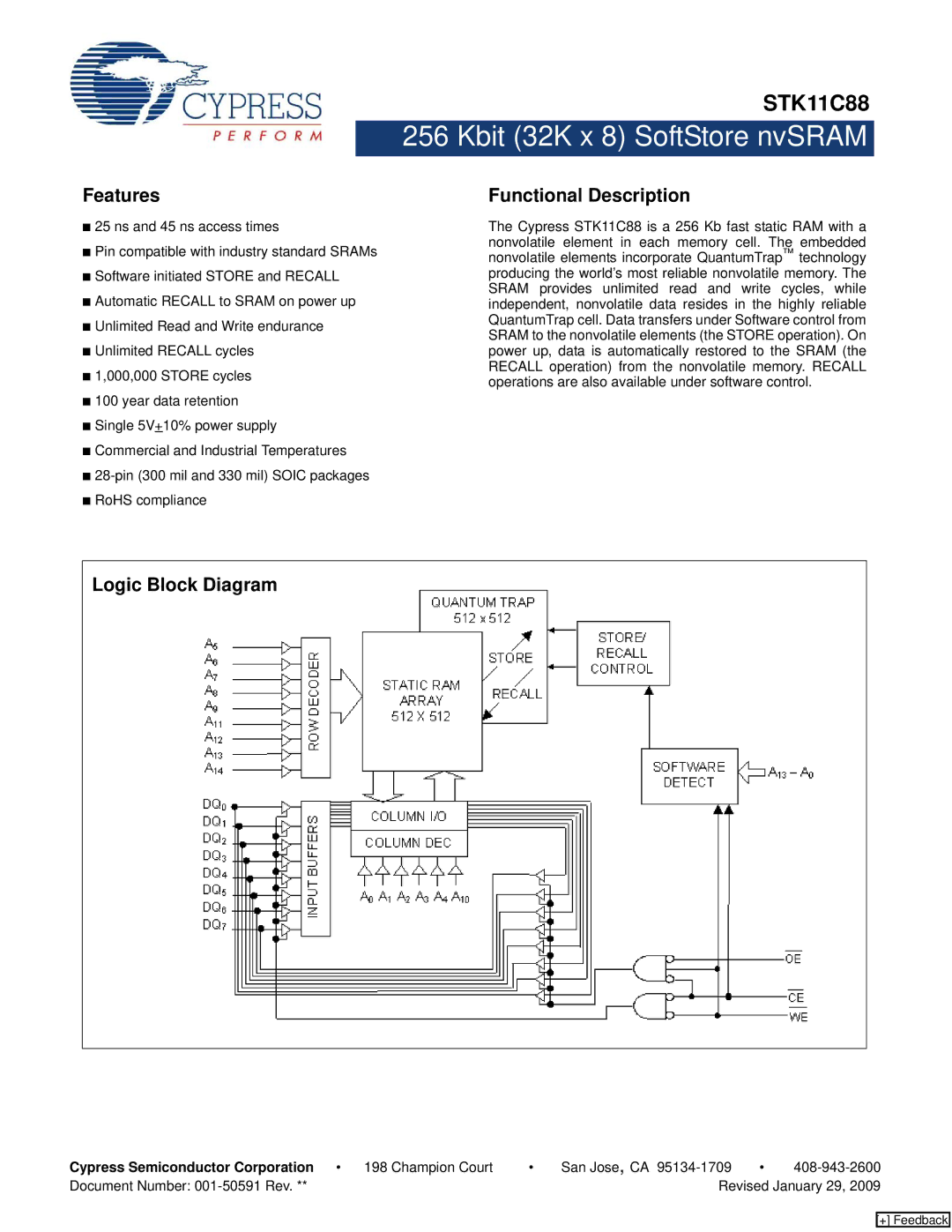 Cypress STK11C88 manual Features, Functional Description, Logic Block Diagram 