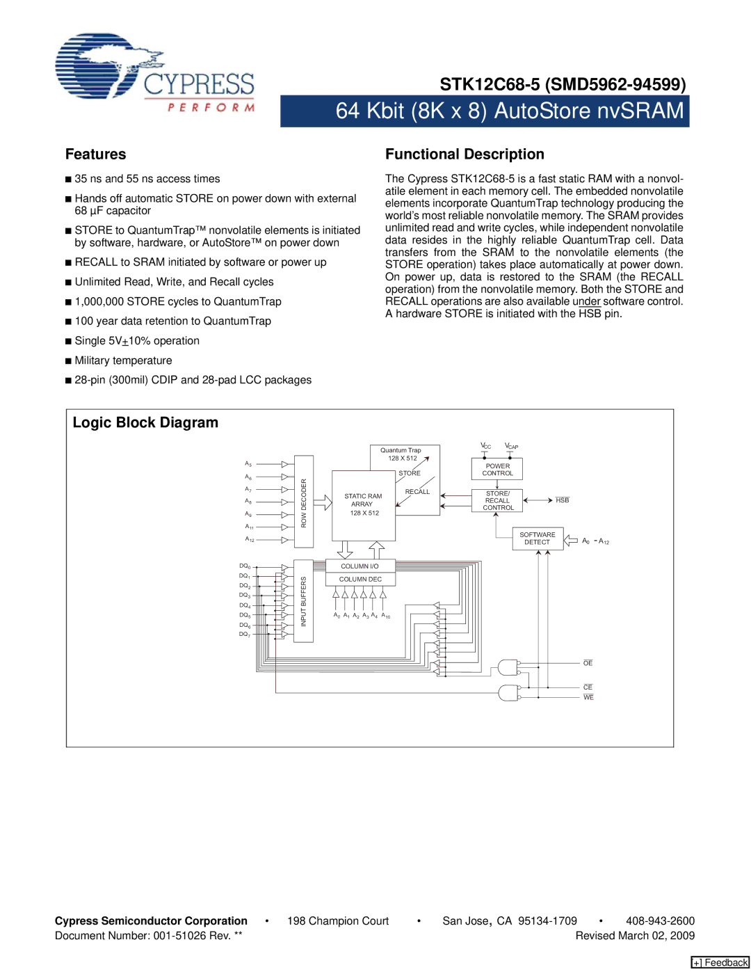 Cypress STK12C68-5 manual Features, Functional Description, Logic Block Diagram 