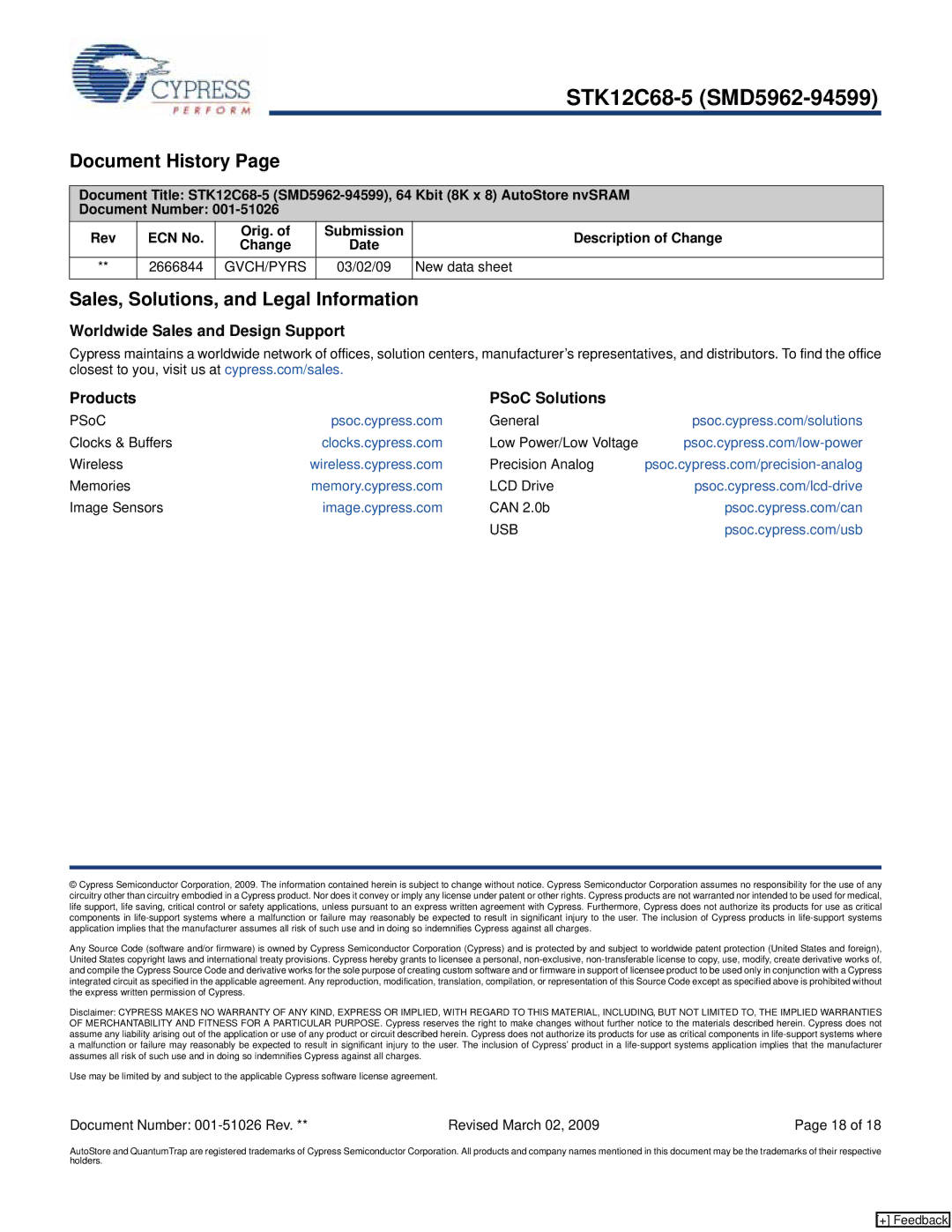 Cypress STK12C68-5 manual Document History, Sales, Solutions, and Legal Information, New data sheet 