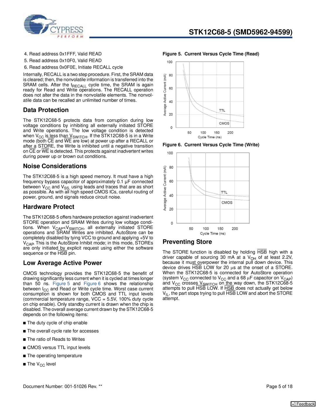 Cypress STK12C68-5 Data Protection, Noise Considerations, Hardware Protect, Low Average Active Power, Preventing Store 