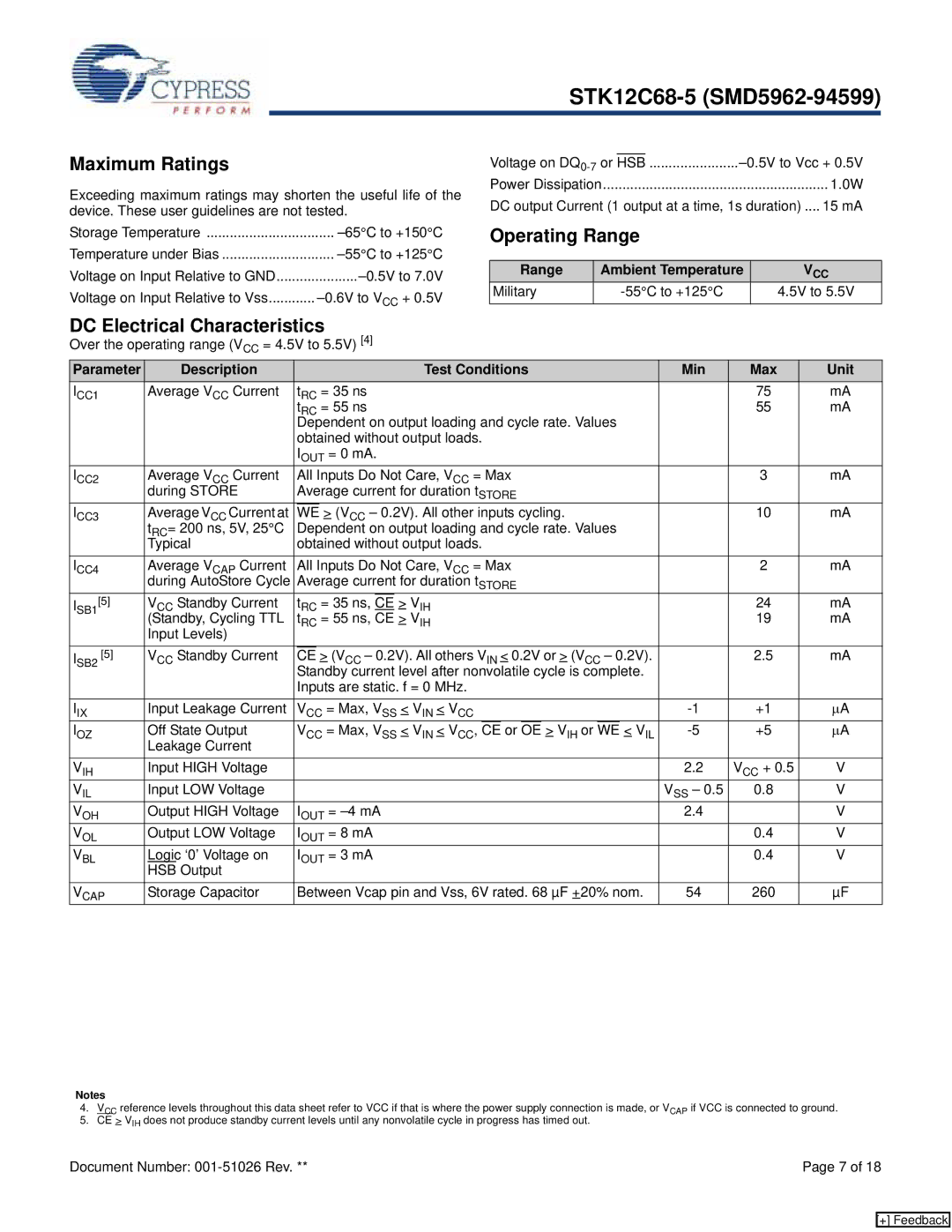 Cypress STK12C68-5 manual Maximum Ratings, Operating Range, DC Electrical Characteristics, Range Ambient Temperature 