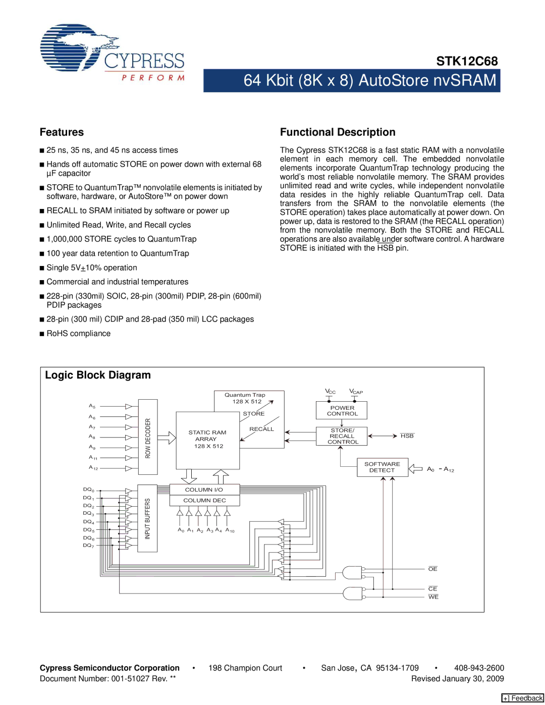 Cypress STK12C68 manual Features, Functional Description 