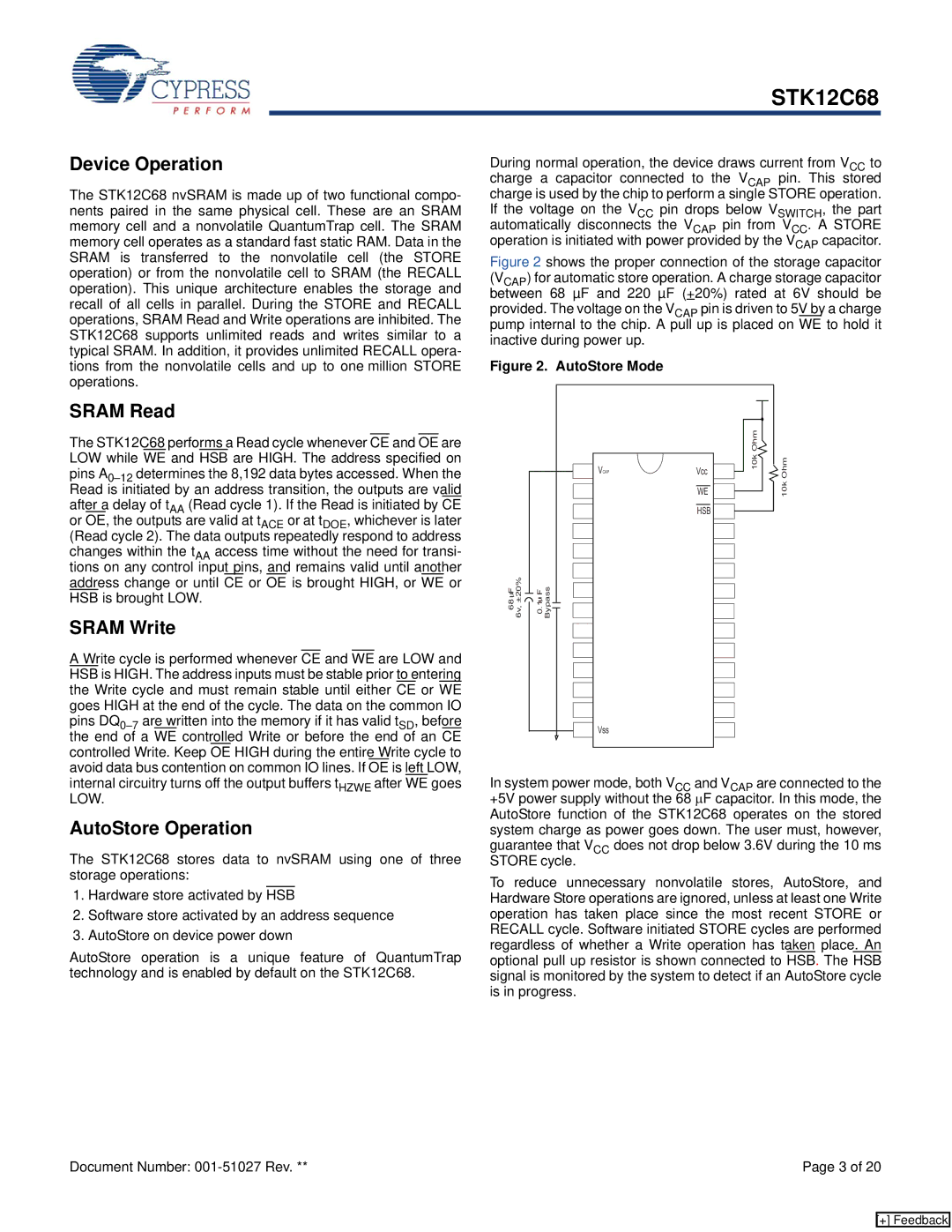 Cypress STK12C68 manual Device Operation, Sram Read, Sram Write, AutoStore Operation 