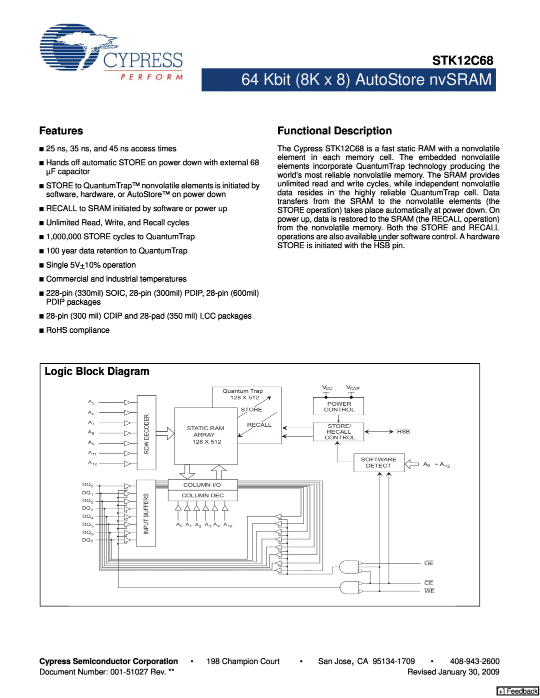Cypress STK12C68 manual Features, Functional Description, Cypress Semiconductor Corporation, Kbit 8K x 8 AutoStore nvSRAM 