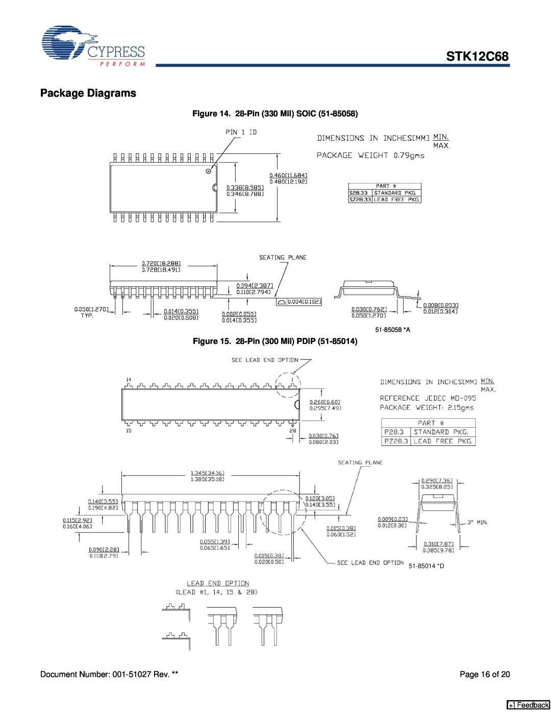 Cypress STK12C68 manual Package Diagrams, 28-Pin 330 Mil SOIC, 28-Pin 300 Mil PDIP, + Feedback 
