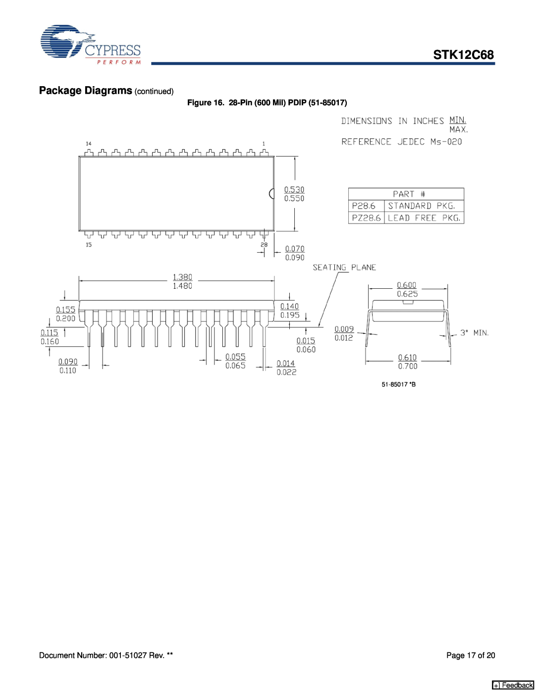 Cypress STK12C68 manual Package Diagrams continued, 28-Pin 600 Mil PDIP, + Feedback 