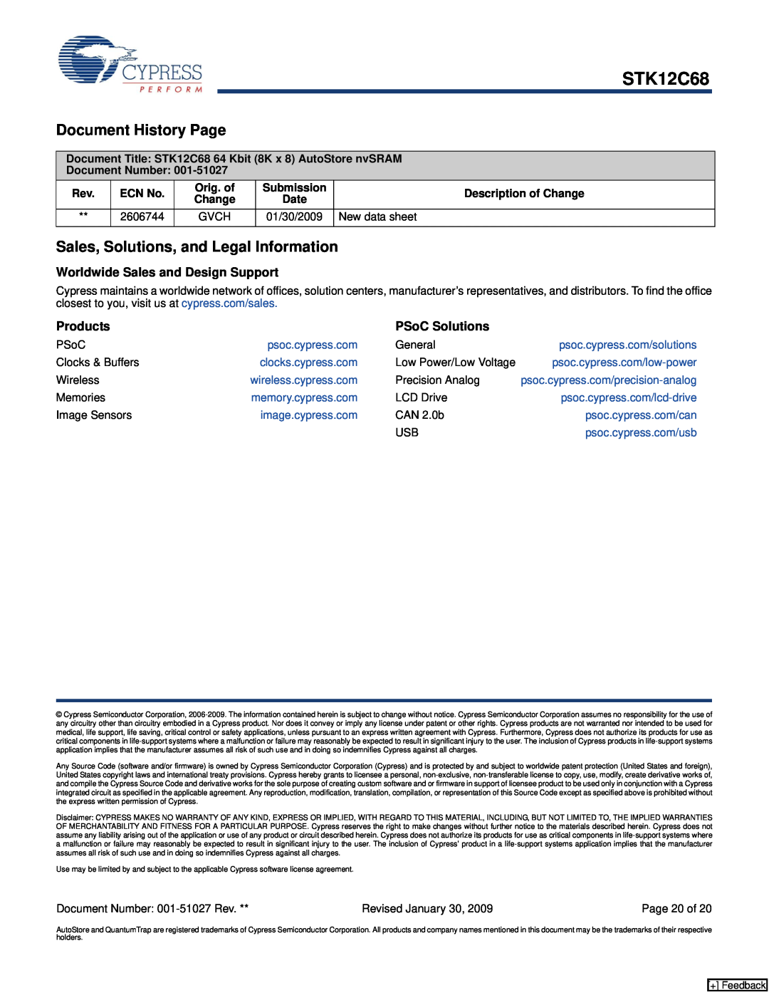 Cypress STK12C68 manual Document History Page, Sales, Solutions, and Legal Information, Worldwide Sales and Design Support 