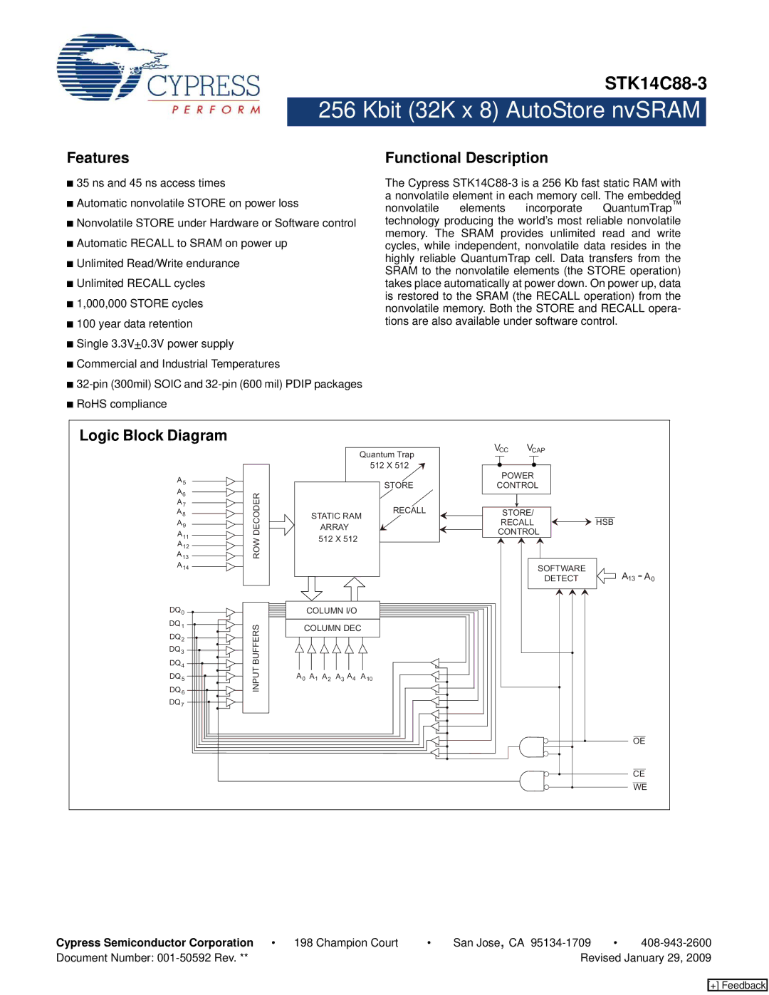 Cypress STK14C88-3 manual Features, Functional Description 