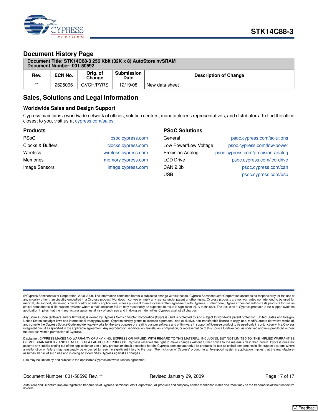 Cypress STK14C88-3 manual Document History, Sales, Solutions and Legal Information, New data sheet, Usb 