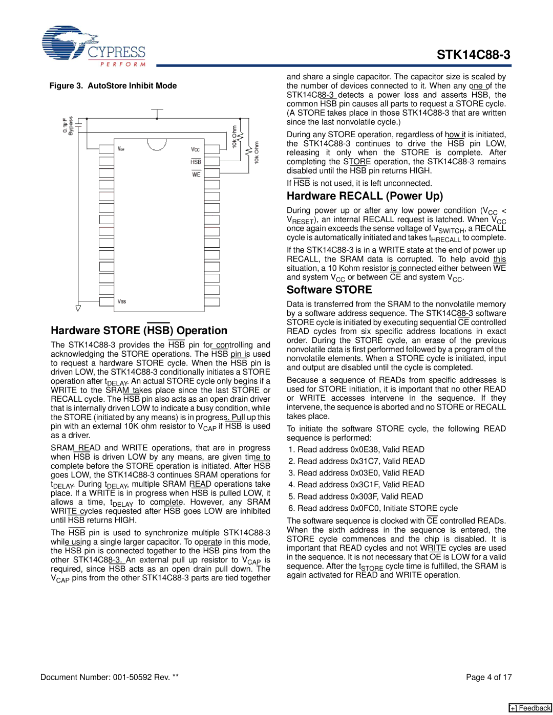 Cypress STK14C88-3 manual Hardware Store HSB Operation, Hardware Recall Power Up, Software Store 