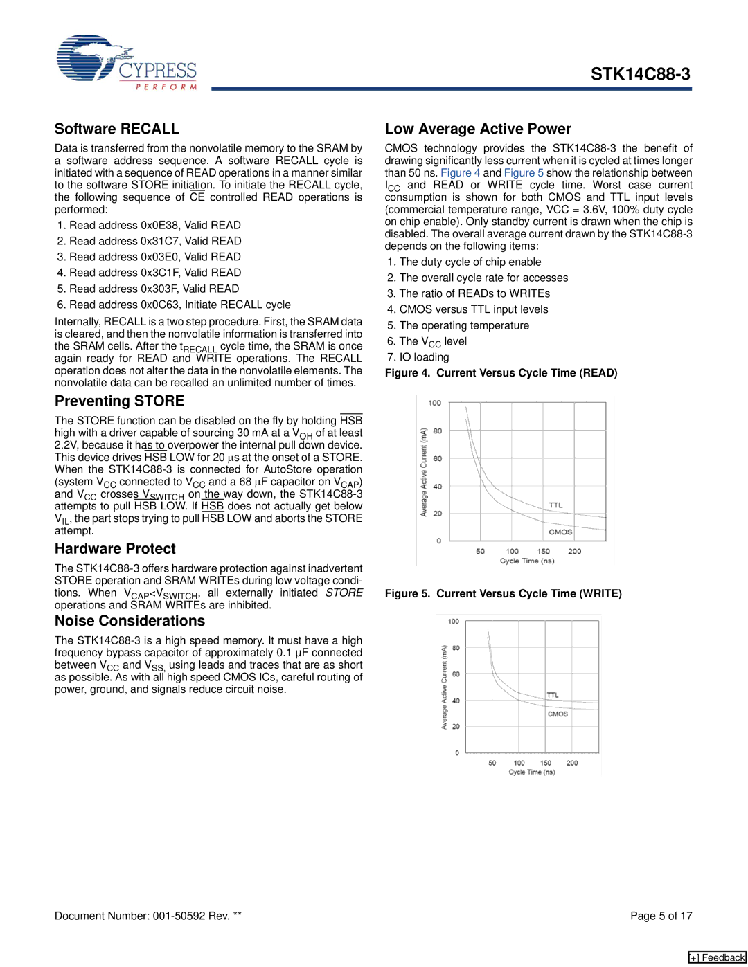 Cypress STK14C88-3 Software Recall, Low Average Active Power, Preventing Store, Hardware Protect, Noise Considerations 