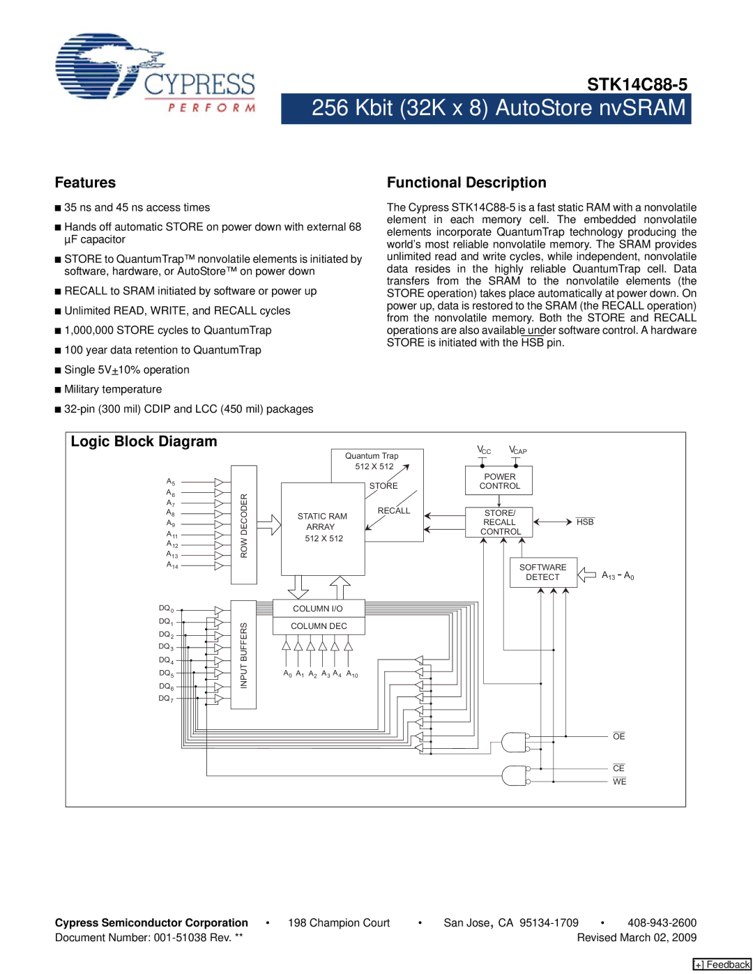 Cypress STK14C88-5 manual Features, Functional Description, Cypress Semiconductor Corporation 198 Champion Court 