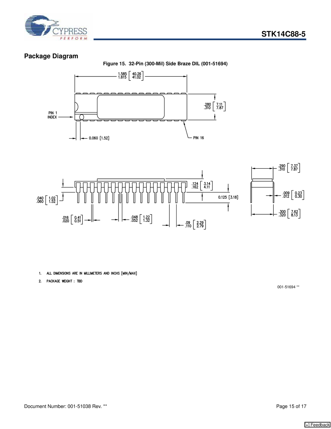 Cypress STK14C88-5 manual Package Diagram, Pin 300-Mil Side Braze DIL 