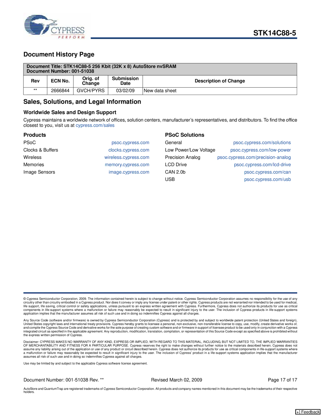 Cypress STK14C88-5 manual Document History, Sales, Solutions, and Legal Information, New data sheet 